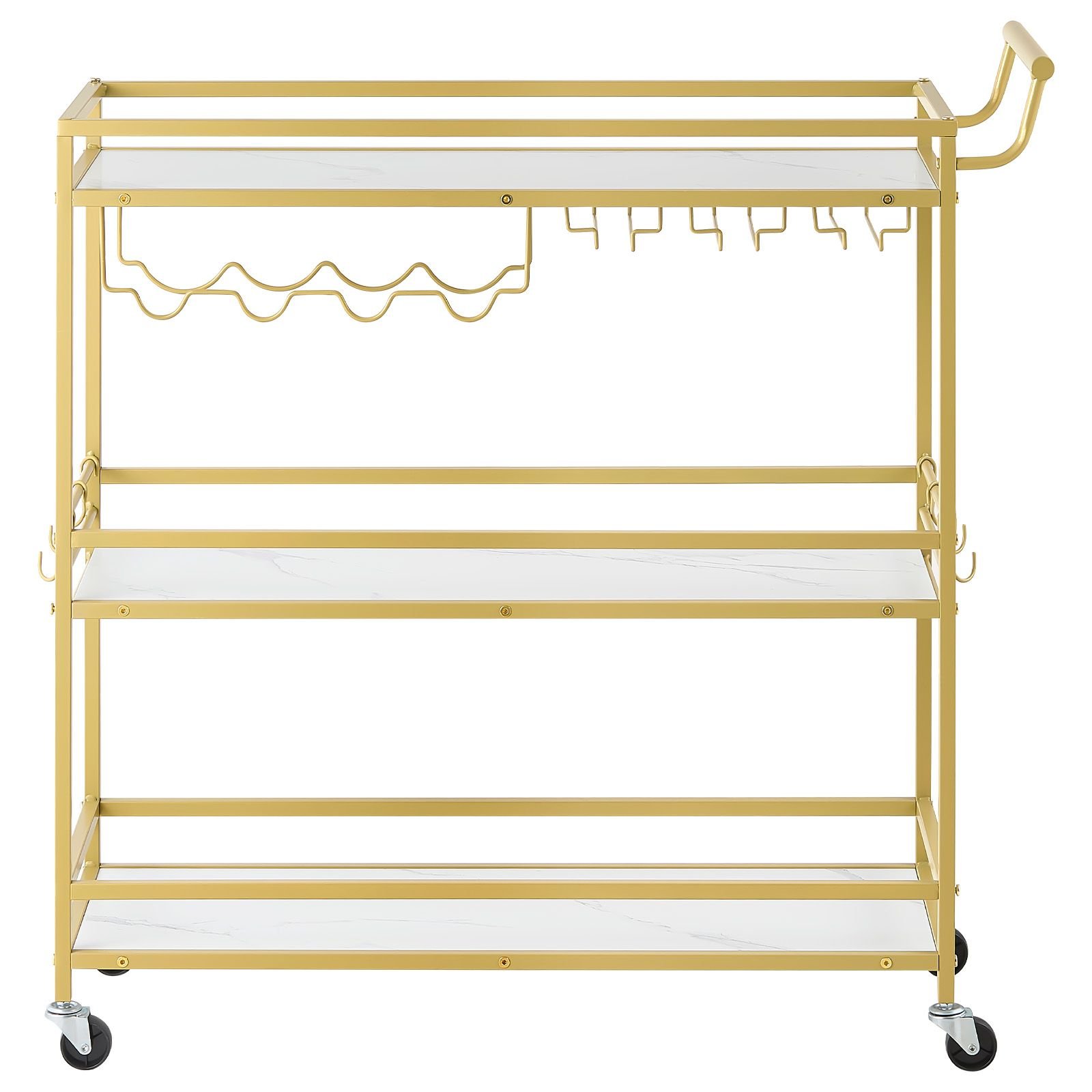 bar cart, 3 tiers home kitchen serving carts, modern rolling utility station on wheels, mobile drink beverage trolley with wooden shelf, wine rack, and glass holder, 35.83x12.99x36.81 in, gold