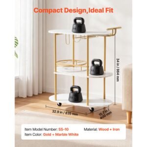bar cart, 3 tiers home kitchen serving carts, modern round rolling utility station on wheels, mobile drink beverage trolley w/ wooden shelf, wine rack, glass holder, for living dining room, gold