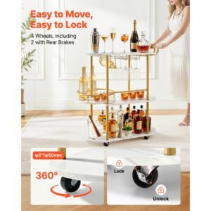 bar cart, 3 tiers home kitchen serving carts, modern round rolling utility station on wheels, mobile drink beverage trolley w/ wooden shelf, wine rack, glass holder, for living dining room, gold