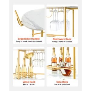 bar cart, 3 tiers home kitchen serving carts, modern round rolling utility station on wheels, mobile drink beverage trolley w/ wooden shelf, wine rack, glass holder, for living dining room, gold