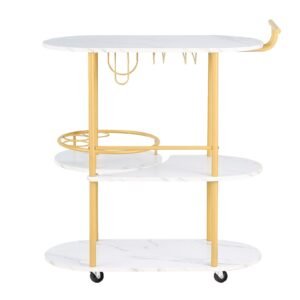 Bar Cart, 3 Tiers Home Kitchen Serving Carts, Modern Round Rolling Utility Station on Wheels, Mobile Drink Beverage Trolley w/ Wooden Shelf, Wine Rack, Glass Holder, for Living Dining Room, Gold