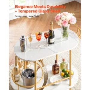 bar cart, 3 tiers home kitchen serving carts, modern round rolling utility station on wheels, mobile drink beverage trolley w/ wooden shelf, wine rack, glass holder, for living dining room, gold