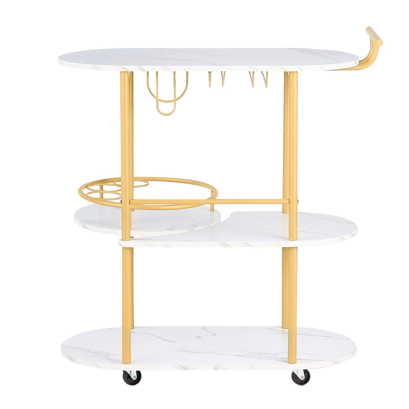 bar cart, 3 tiers home kitchen serving carts, modern round rolling utility station on wheels, mobile drink beverage trolley w/ wooden shelf, wine rack, glass holder, for living dining room, gold