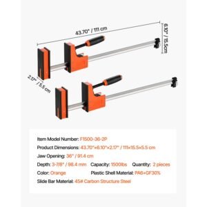 bar clamps for woodworking, 2 pack 36 inch parallel clamp set, f clamp with 1500 lbs load limit, even pressure, high strength plastic and carbon steel, for woodworking metal working, orange