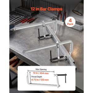 bar clamps for woodworking, 4 pack, 12" opening, 4.72 in throat depth, 1200 lbs load limit, sturdy steel forging and casting, with swivel jaw and t handle, for wood working and metal working