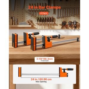 bar clamps for woodworking, 4 pack, 24" opening f clamps, 1500 lbs load limit, clamp/spreader 2 modes, soft rubber pads, ergonomic handle, carbon steel bar, for wood working and metal working