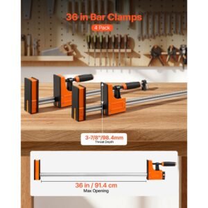 bar clamps for woodworking, 4 pack, 36" opening f clamps, 1500 lbs load limit, clamp/spreader 2 modes, soft rubber pads, ergonomic handle, carbon steel bar, for wood working and metal working