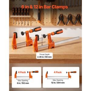 bar clamps for woodworking, 8 pack, 6" and 12" f clamps, 600 lbs load limit, with plastic pad and self locking design, malleable iron and carbon steel, for wood working and metal working