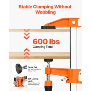 bar clamps for woodworking, 8 pack, 6" and 12" f clamps, 600 lbs load limit, with plastic pad and self locking design, malleable iron and carbon steel, for wood working and metal working