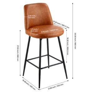 bar stool set of 2, 27 inch counter height swivel stools, modern pu leather counter barstool with backrest and metal legs, armless bar chair, island barstool for kitchen, dining room, brown