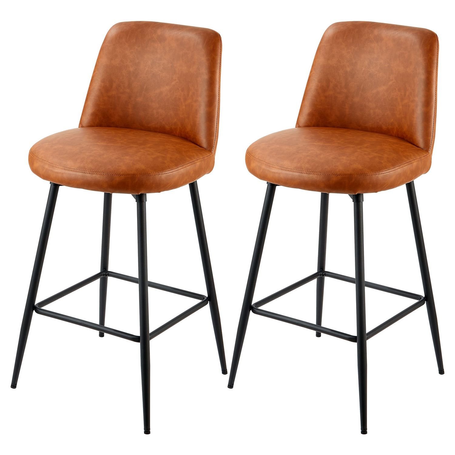 bar stool set of 2, 27 inch counter height swivel stools, modern pu leather counter barstool with backrest and metal legs, armless bar chair, island barstool for kitchen, dining room, brown