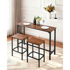 bar table, 3pcs 47″ bars tables set, bar tables and chair set with rounded edge design, rectangular pub table with two stools for office desk, breakfast corner, mini bars, rustic brown, black
