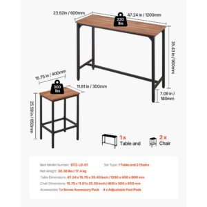 bar table, 3pcs 47″ bars tables set, bar tables and chair set with rounded edge design, rectangular pub table with two stools for office desk, breakfast corner, mini bars, rustic brown, black