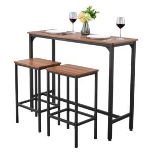 Bar Table, 3PCS 47″ Bars Tables Set, Bar Tables and Chair Set with Rounded Edge Design, Rectangular Pub Table with Two Stools for Office Desk, Breakfast Corner, Mini Bars, Rustic Brown, Black