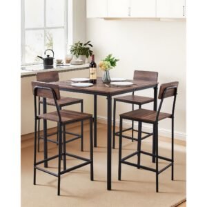 bar table, 5pcs 35″ bars tables set, bar tables and chair set with rounded edge design, square pub table with four stools for living room, dining room, kitchen, walnut color, black