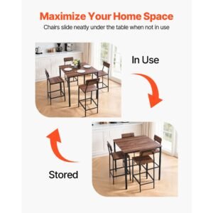 bar table, 5pcs 35″ bars tables set, bar tables and chair set with rounded edge design, square pub table with four stools for living room, dining room, kitchen, walnut color, black