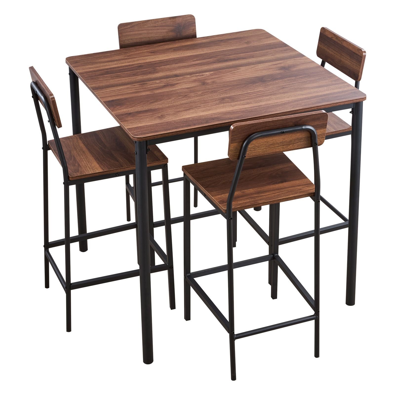 bar table, 5pcs 35″ bars tables set, bar tables and chair set with rounded edge design, square pub table with four stools for living room, dining room, kitchen, walnut color, black