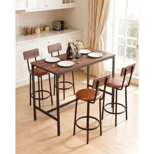 bar table, 5pcs 47″ bars tables set, bar tables and chair set with rounded edge design, rectangular pub table with four stools for living room, dining room, kitchen, walnut color, black