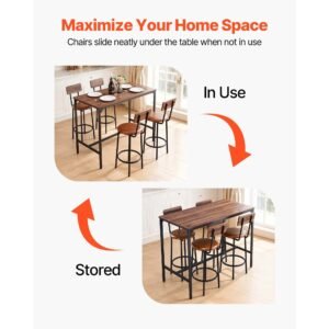 bar table, 5pcs 47″ bars tables set, bar tables and chair set with rounded edge design, rectangular pub table with four stools for living room, dining room, kitchen, walnut color, black