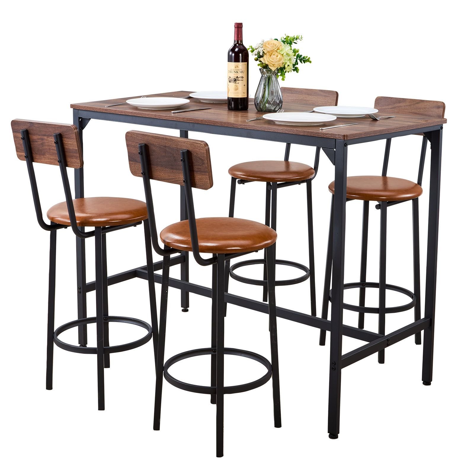 bar table, 5pcs 47″ bars tables set, bar tables and chair set with rounded edge design, rectangular pub table with four stools for living room, dining room, kitchen, walnut color, black