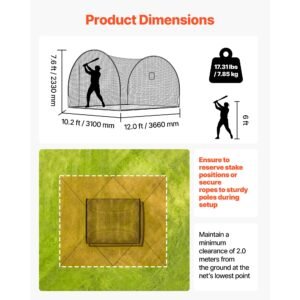 baseball batting cage, 12.0 x 10.2 x 7.6 ft freestanding portable batting cage, hitting cages with 4 ply knotless polyester & pitching machine opening, battings cages netting for indoor outdoor