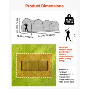 baseball batting cage, 33.0 x 12.0 x 9.8 ft freestanding portable batting cage, hitting cages with 4 ply knotless polyester & pitching machine opening, battings cages netting for indoor outdoor