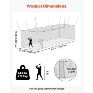 baseball batting cage, 41.7 x 12.8 x 10.1 ft freestanding portable batting cage, hitting cages with 30 ply knotted hdpe & carabiner hooks, battings cages netting for indoor, outdoor (net only)