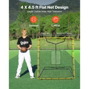 baseball softball rebounder net 4 x 4.5 ft pitch back trainer target, 4 adjustable angles with strike zone, steel frame, bounce back net for pitching & fielding training, return practice
