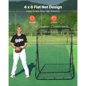 baseball softball rebounder net 4 x 6 ft pitch back trainer target, 5 adjustable angles with strike zone, steel frame, bounce back net for pitching & fielding training, return practice