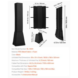 basketball pole pad, 64" tall and 2" thick heavy duty wrap around pole padding, fits 6x6 7x7 inch diameter square pole, all weather waterproof protective pad for basement garage playground
