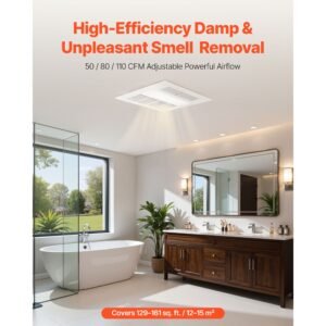 bathroom exhaust fan with light and heater, 80 90 110 cfm 1500w bathroom vent, 1.5 sones low noise, premium dc motor ceiling fan for laundry room, storage room, home ventilation, white