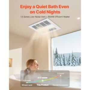 bathroom exhaust fan with light and heater, 80 90 110 cfm 1500w bathroom vent, 1.5 sones low noise, premium dc motor ceiling fan for laundry room, storage room, home ventilation, white