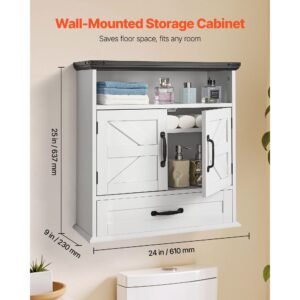 bathroom wall cabinet, 2 doors & adjustable shelf, over the toilet storage medicine cabinet wall mounted, hanging organizer with drawer & open partition for laundry room kitchen restroom, white
