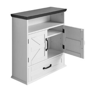 Bathroom Wall Cabinet, 2 Doors & Adjustable Shelf, Over the Toilet Storage Medicine Cabinet Wall Mounted, Hanging Organizer with Drawer & Open Partition for Laundry Room Kitchen Restroom, White