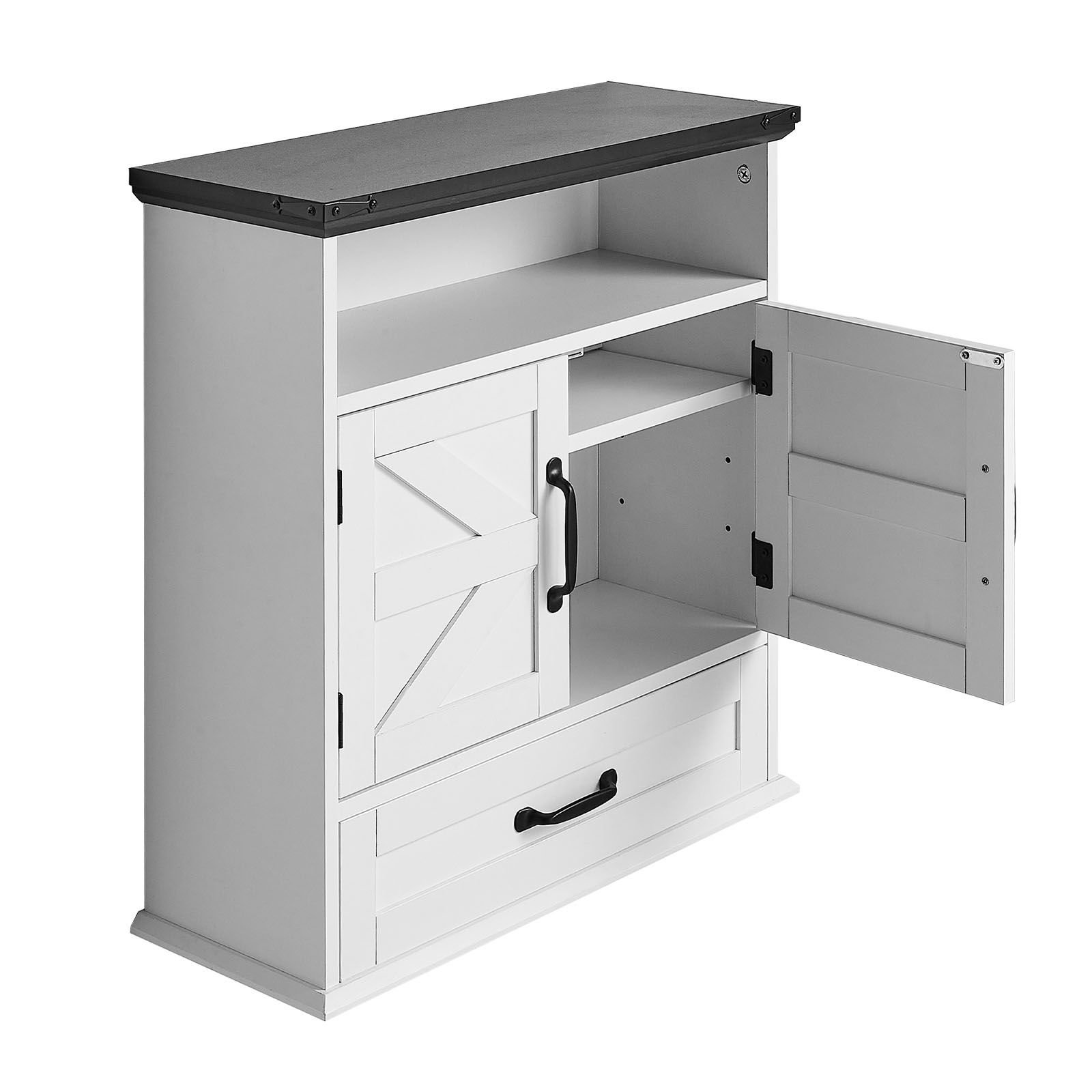 bathroom wall cabinet, 2 doors & adjustable shelf, over the toilet storage medicine cabinet wall mounted, hanging organizer with drawer & open partition for laundry room kitchen restroom, white