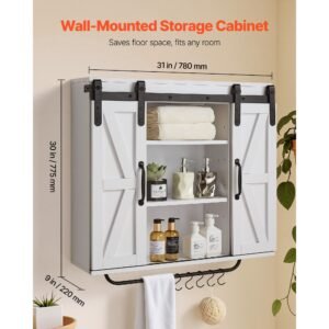 bathroom wall cabinet, 2 doors and adjustable shelf, over the toilet storage medicine cabinet wall mounted, hanging organizer with open partition/towel bar/hooks for laundry room kitchen, white