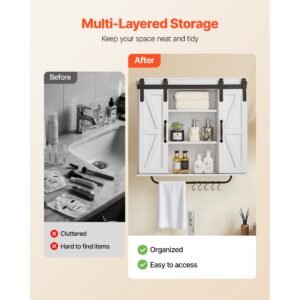bathroom wall cabinet, 2 doors and adjustable shelf, over the toilet storage medicine cabinet wall mounted, hanging organizer with open partition/towel bar/hooks for laundry room kitchen, white