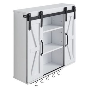 Bathroom Wall Cabinet, 2 Doors and Adjustable Shelf, Over the Toilet Storage Medicine Cabinet Wall Mounted, Hanging Organizer with Open Partition/Towel Bar/Hooks for Laundry Room Kitchen, White
