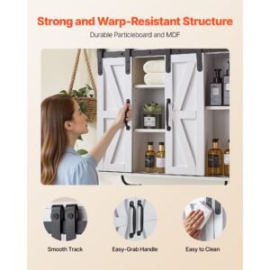 bathroom wall cabinet, 2 doors and adjustable shelf, over the toilet storage medicine cabinet wall mounted, hanging organizer with open partition/towel bar/hooks for laundry room kitchen, white
