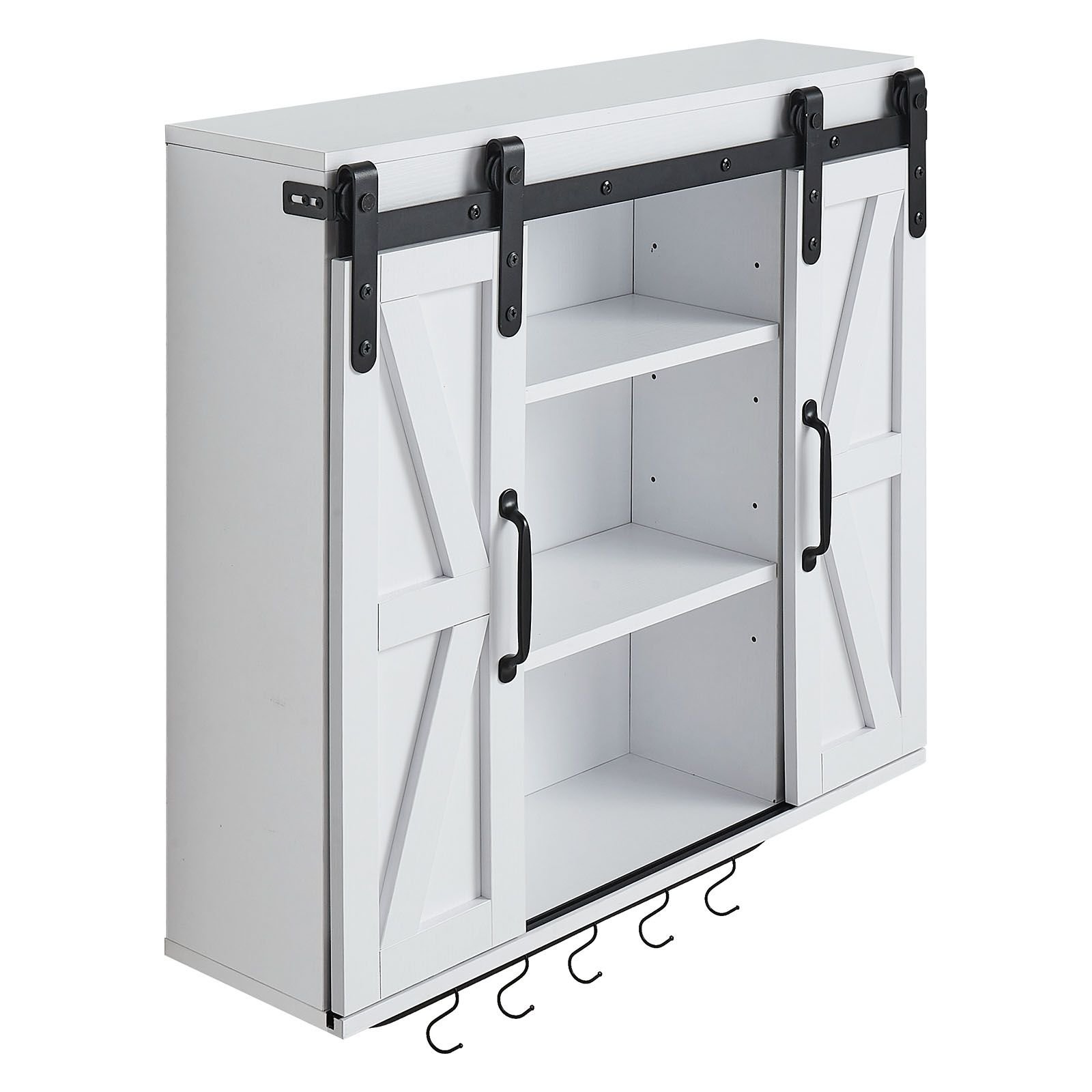 bathroom wall cabinet, 2 doors and adjustable shelf, over the toilet storage medicine cabinet wall mounted, hanging organizer with open partition/towel bar/hooks for laundry room kitchen, white