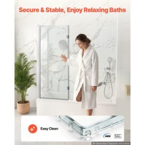 bathtub shower door 27.5"/47"w x 55"h semi frameless bi fold tub door, 1/4" clear tempered glass, easy clean nano coating, 180° folding, 1 fixed and 2 foldable panels, for bathroom tub, silver