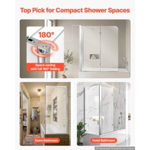 bathtub shower door 27.5"/47"w x 55"h semi frameless bi fold tub door, 1/4" clear tempered glass, easy clean nano coating, 180° folding, 1 fixed and 2 foldable panels, for bathroom tub, silver