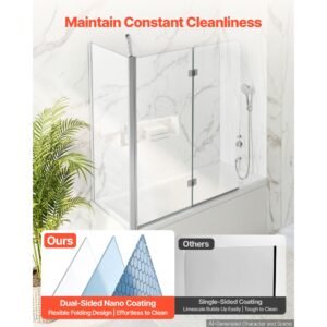 bathtub shower door 27.5"/47"w x 55"h semi frameless bi fold tub door, 1/4" clear tempered glass, easy clean nano coating, 180° folding, 1 fixed and 2 foldable panels, for bathroom tub, silver