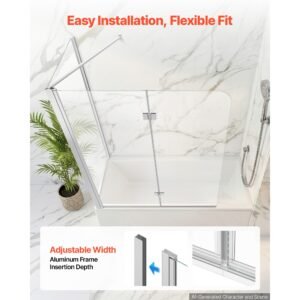 bathtub shower door 27.5"/47"w x 55"h semi frameless bi fold tub door, 1/4" clear tempered glass, easy clean nano coating, 180° folding, 1 fixed and 2 foldable panels, for bathroom tub, silver