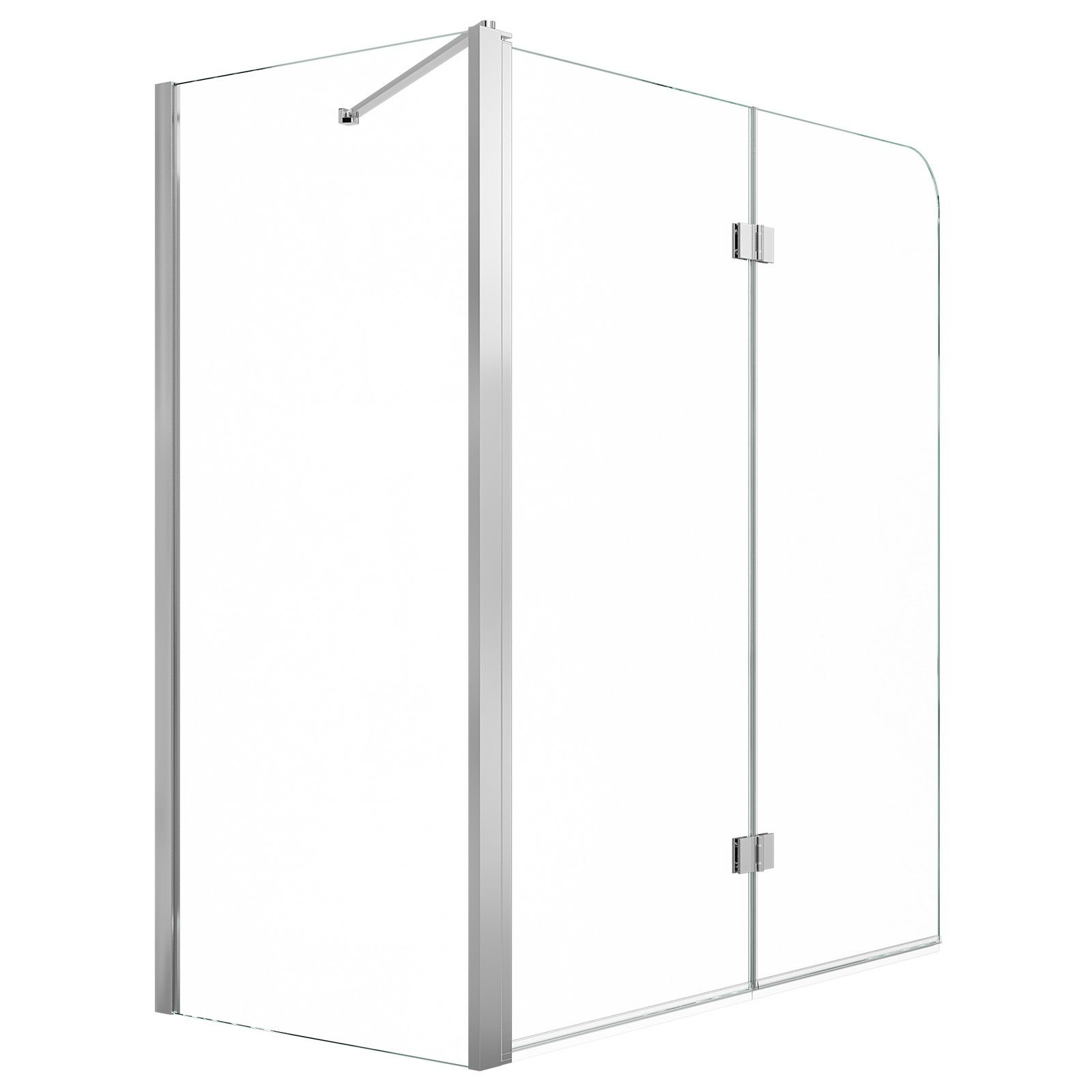 bathtub shower door 27.5"/47"w x 55"h semi frameless bi fold tub door, 1/4" clear tempered glass, easy clean nano coating, 180° folding, 1 fixed and 2 foldable panels, for bathroom tub, silver