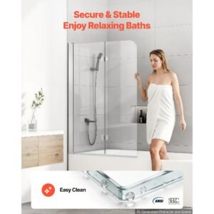 bathtub shower door 47" w x 55" h semi frameless bi fold tub door, 1/4" clear tempered glass, easy clean nano coating, 180° folding, adjustable sealing strip, for home bathroom tub, silver