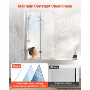 bathtub shower door 47" w x 55" h semi frameless bi fold tub door, 1/4" clear tempered glass, easy clean nano coating, 180° folding, adjustable sealing strip, for home bathroom tub, silver