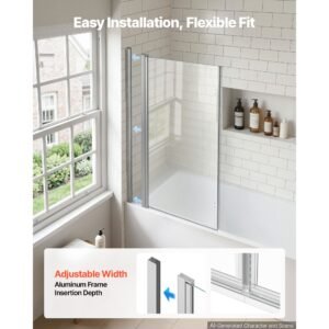 bathtub shower door 47" w x 55" h semi frameless bi fold tub door, 1/4" clear tempered glass, easy clean nano coating, 180° folding, adjustable sealing strip, for home bathroom tub, silver