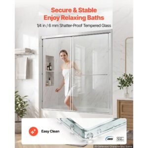 bathtub shower door 60" w x 60" h semi frameless bypass sliding doors, 1/4" clear tempered glass, aluminum slim frame, double sliding tub shower doors with 2 stainless steel handles, silver
