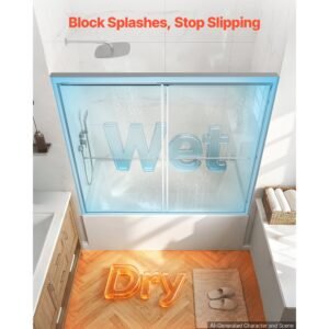 bathtub shower door 60" w x 60" h semi frameless bypass sliding doors, 1/4" clear tempered glass, aluminum slim frame, double sliding tub shower doors with 2 stainless steel handles, silver